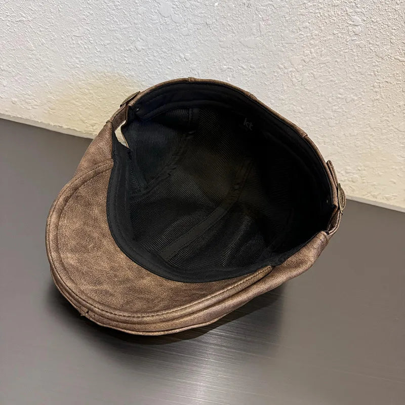 American Retro Leather Plain Baker Boy Hat For Women Autumn Winter Unisex Beret
