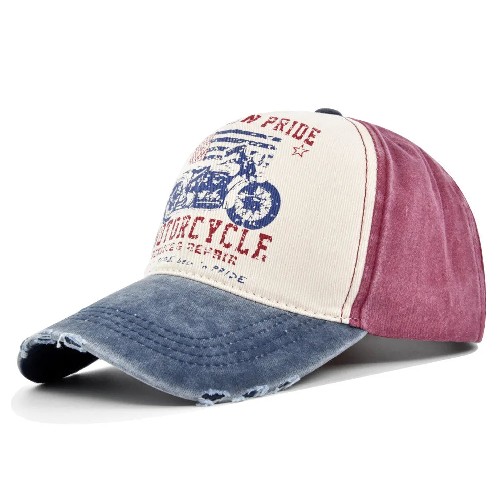Vintage Washed Baseball Cap American Flag Motorcycle Print Distressed Dad Hat Outdoor Sun Cap Unisex
