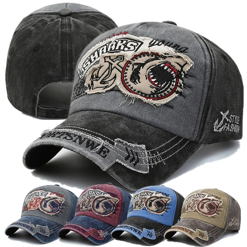 Unisex Washed Cotton Vintage Cap Sharks Embroidery Baseball Cap Men And Women Outdoor Sports Hats