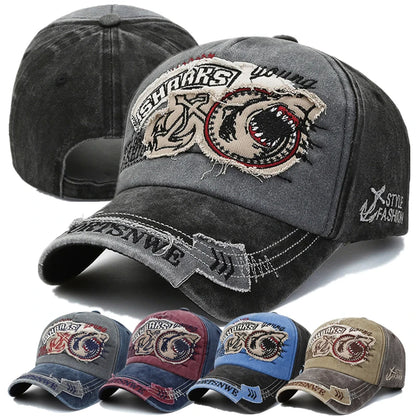 Unisex Washed Cotton Vintage Cap Sharks Embroidery Baseball Cap Men And Women Outdoor Sports Hats