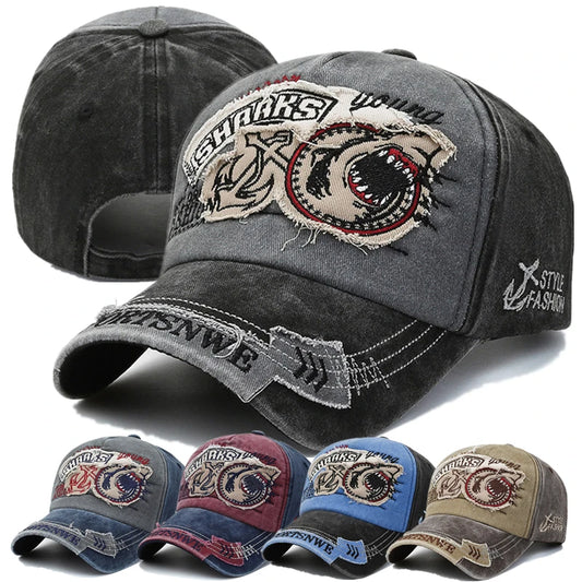 Unisex Washed Cotton Vintage Cap Sharks Embroidery Baseball Cap Men And Women Outdoor Sports Hats