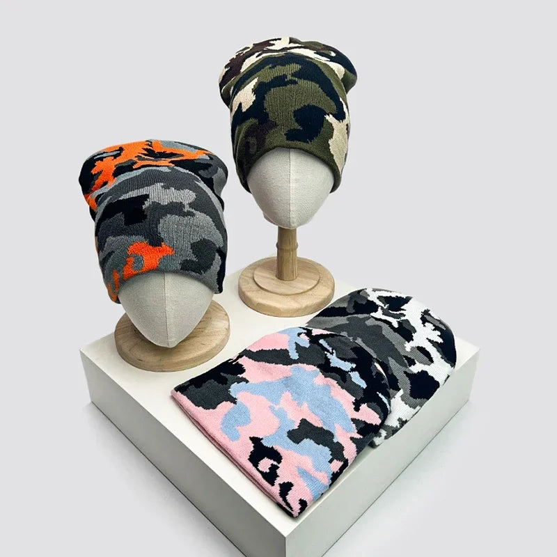 New European Style Camouflage Color Block Knitted Hats