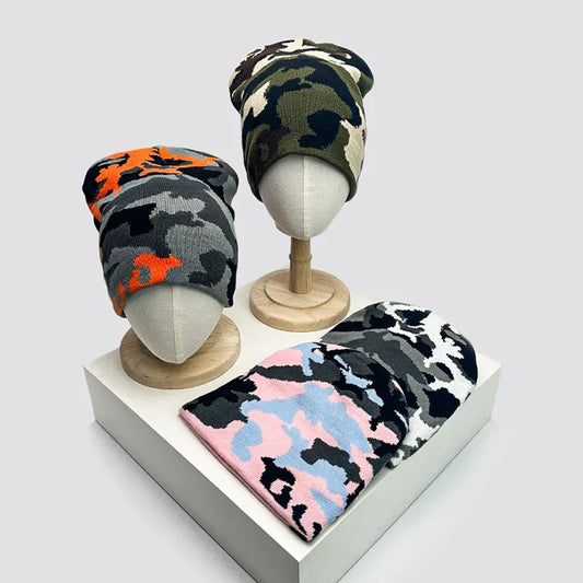New European Style Camouflage Color Block Knitted Hats