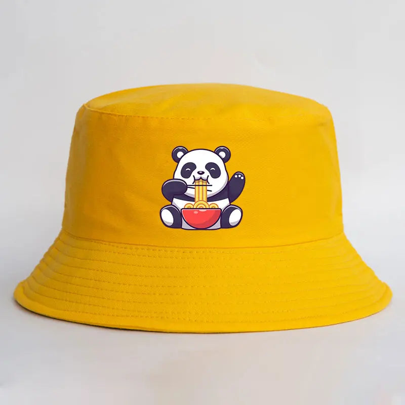Panda Eating Noodles Pattern Reversible Bucket Hat Summer Outdoor Panama Fishing Cap
