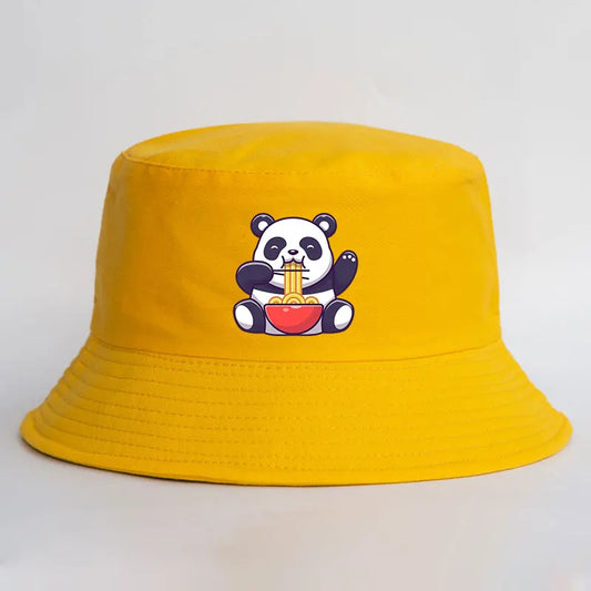 Panda Eating Noodles Pattern Reversible Bucket Hat Summer Outdoor Panama Fishing Cap