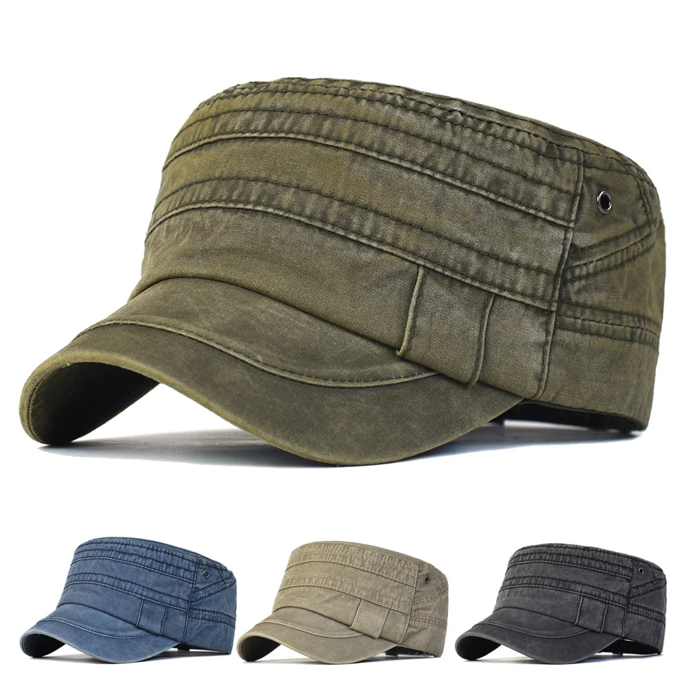 Casual Washed Cotton Flat Top Hat Adjustable Military Caps