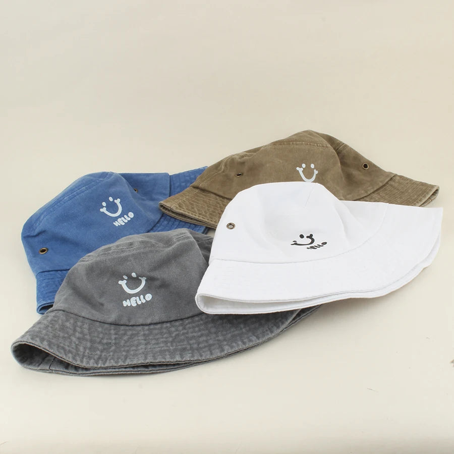 Baby Summer Sun Hat Kids Cartoon Smiling Face Hello Letter Bucket Hat