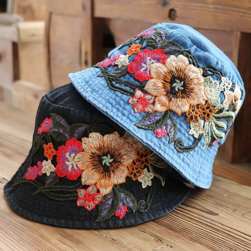Ethnic Embroidered Denim Bucket Hat