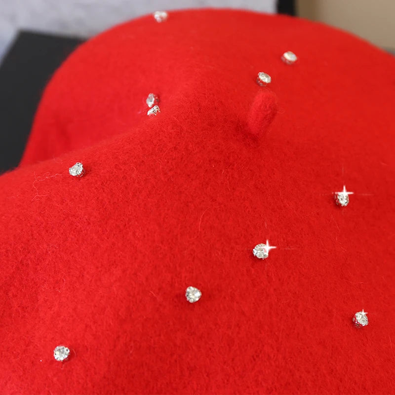 Luxury Rhinestone Wool Thick Berets For Women Autumn Winter Ladies Bling Beret