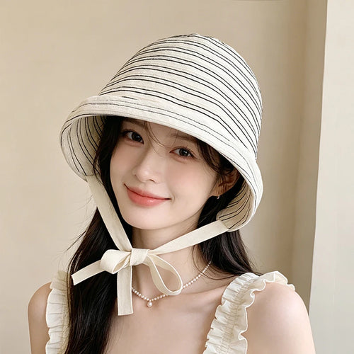 Korean Striped Fisherman Hat Summer Outdoor Travel Sun Hat Japanese Strap Wrapped Around the Brim Sun Hat