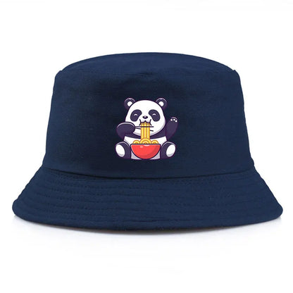 Panda Eating Noodles Pattern Reversible Bucket Hat Summer Outdoor Panama Fishing Cap