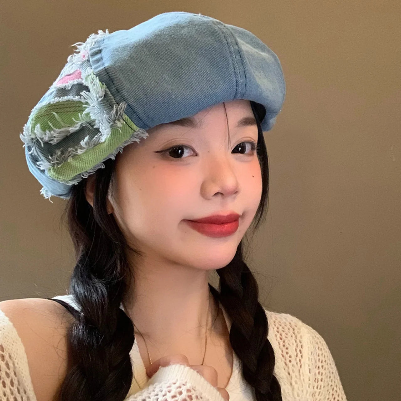 Women Washed Denim Beret Hat Fashion Patchwork Hole Octagonal Cap