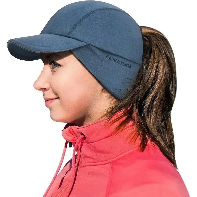 Women's Winter Reflective Fleece Ponytail Hat with Drop Down Ear Warmer Hat Baseball Cap