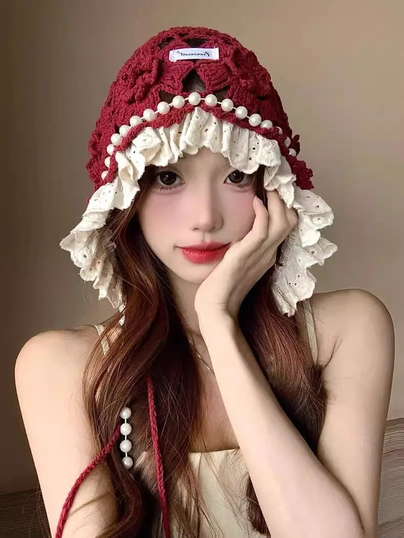Casual Pearl Tassels Crochet Flower Knitted Hat
