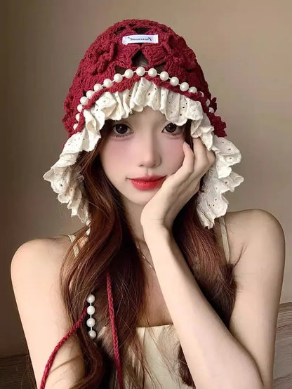 Casual Pearl Tassels Crochet Flower Knitted Hat