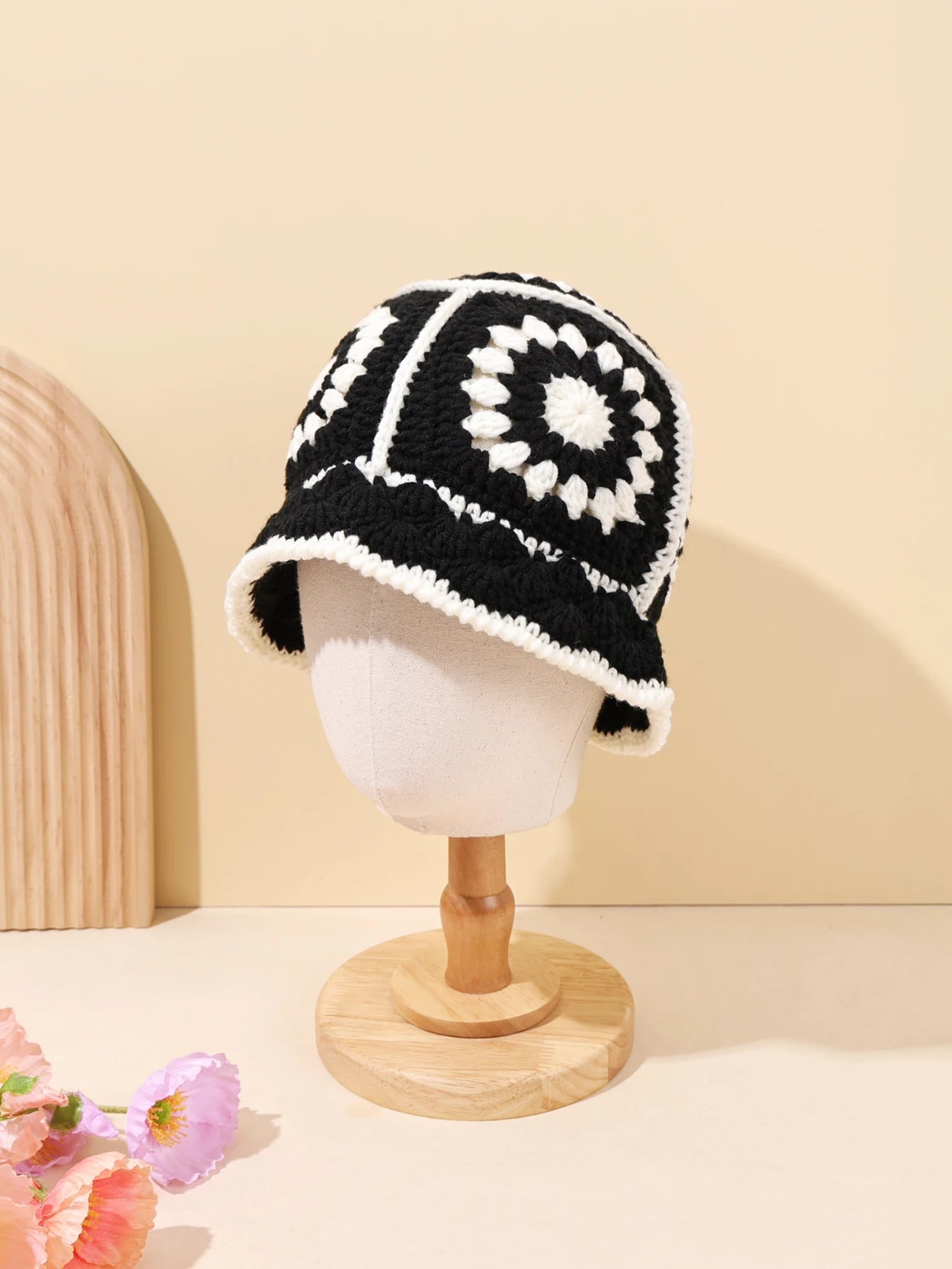 1PC Handmade Crochet Vintage Bucket Hat - Geometric Patch Super Soft and Warm