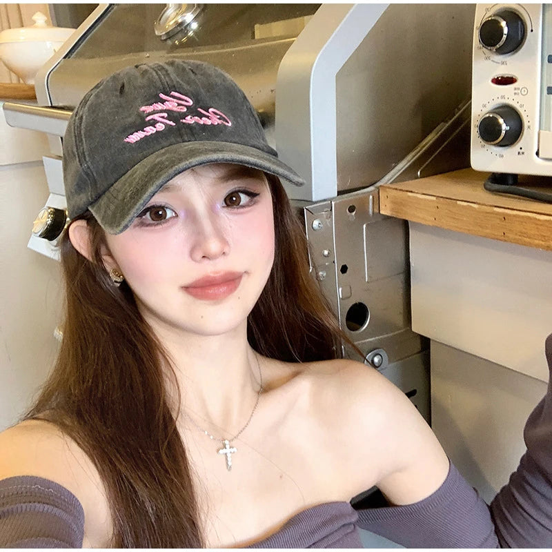 Vintage Washed Cotton Baseball Cap Women Letter Embroidery