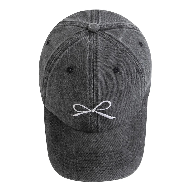 Women Washed Cotton Cap Bow Knot Embroidery Vintage Baseball Cap Female