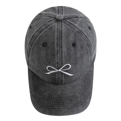 Women Washed Cotton Cap Bow Knot Embroidery Vintage Baseball Cap Female
