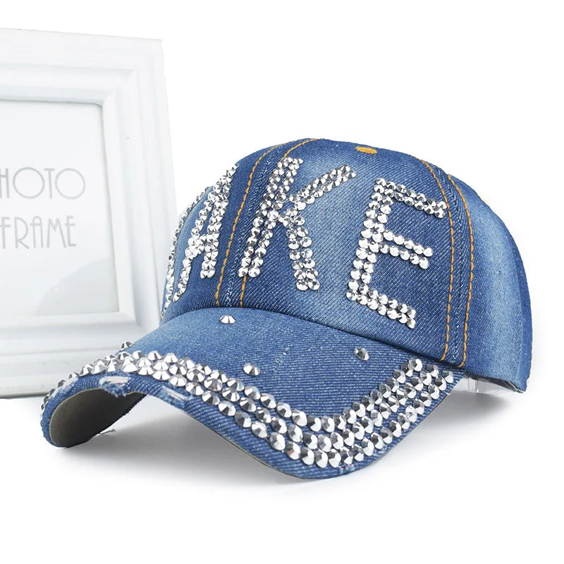 New Women Washed Denim Rhinestone Crown Baseball Cap