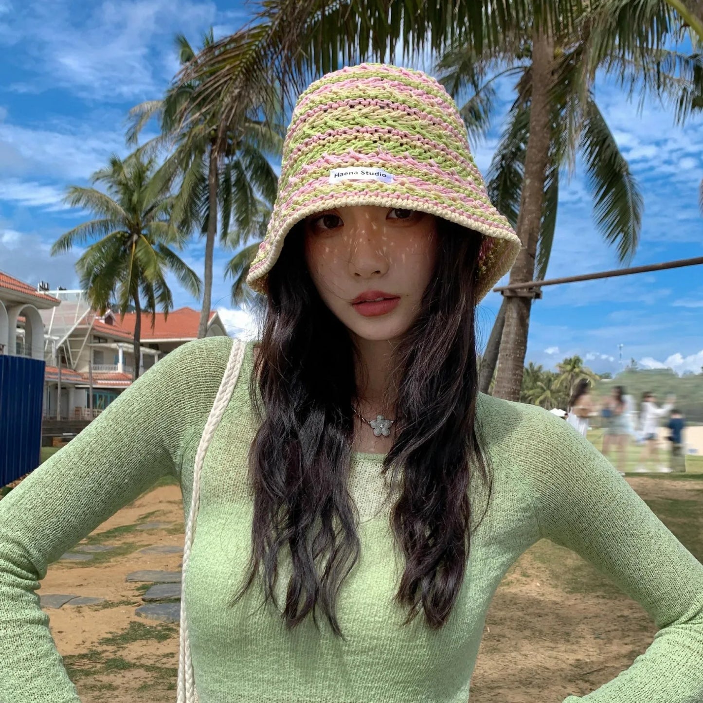 Ladies' Bucket Hat Korean Knitted Striped Verstaile Hollow