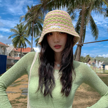 Ladies' Bucket Hat Korean Knitted Striped Verstaile Hollow