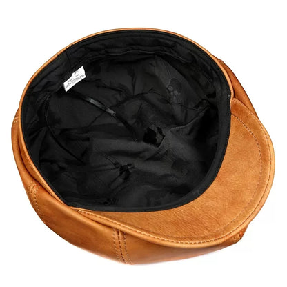 Leather Hat Beret Men Autumn British Retro Cowhide Octagonal Hat