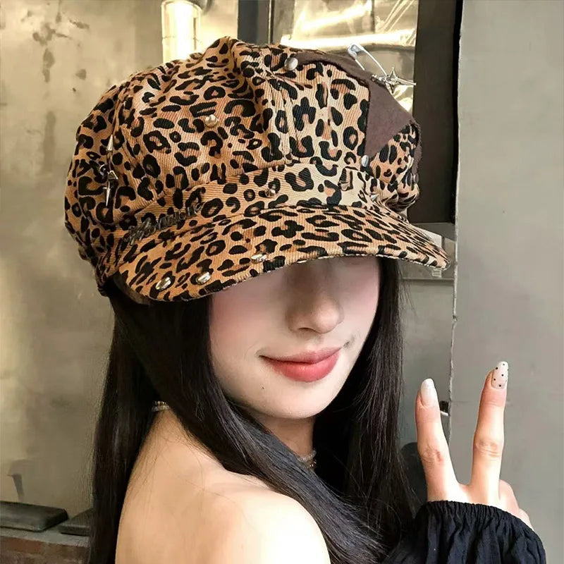 Y2K American Retro Street Leopard Print Rivet Fisherman Hat