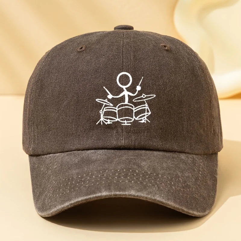 Drum Print Retro Washed Baseball Cap for Both Men and Women