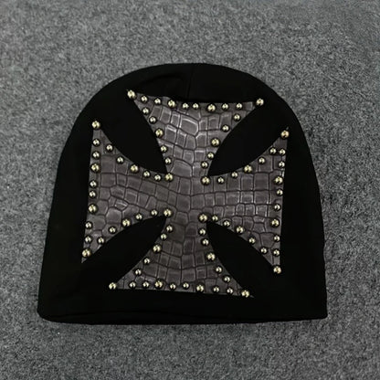 Y2K Punk Croc-Embossed Cross Studded Knit Beanie