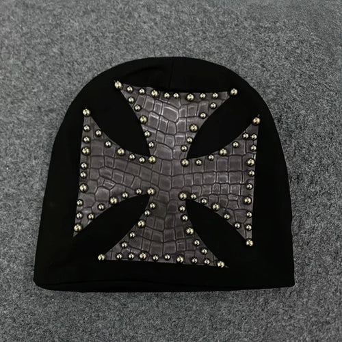 Y2K Punk Croc-Embossed Cross Studded Knit Beanie