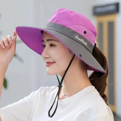 Women Large Brim With Leaking Ponytail Quick Drying Bucket Hats