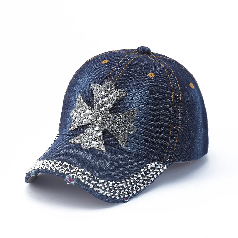 Baseball Cap Denim Distressed Rhinestone Bling Sparkle Hip Hop Hat