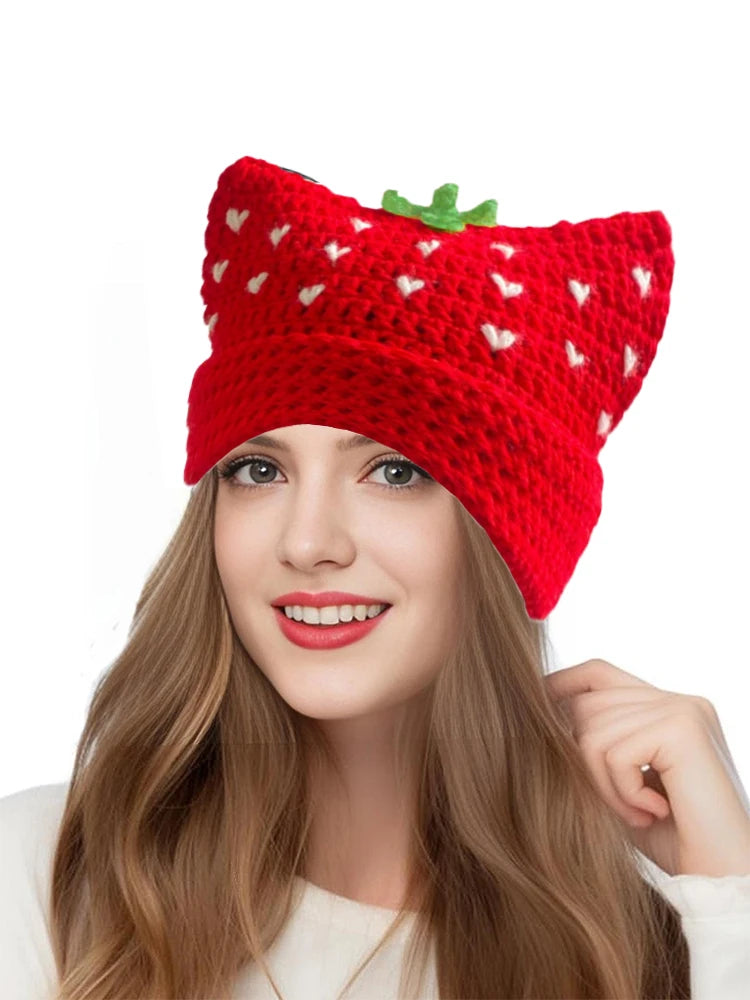 Women's Cartoon Red Strawberry Fisherman's Hat, Bohemian Hand-Crocheted Hat