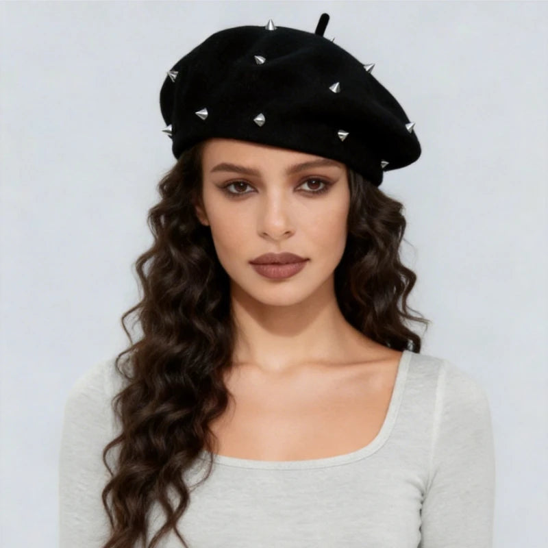 Punk Style Round Hollow Rivet Beret For Women
