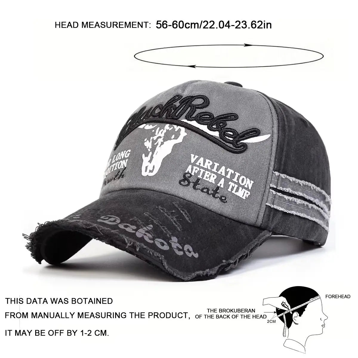 Unisex Black Rebel Letter Embroidery Wash Baseball Caps Outdoor Adjustable Casual Hats Sunscreen Hat