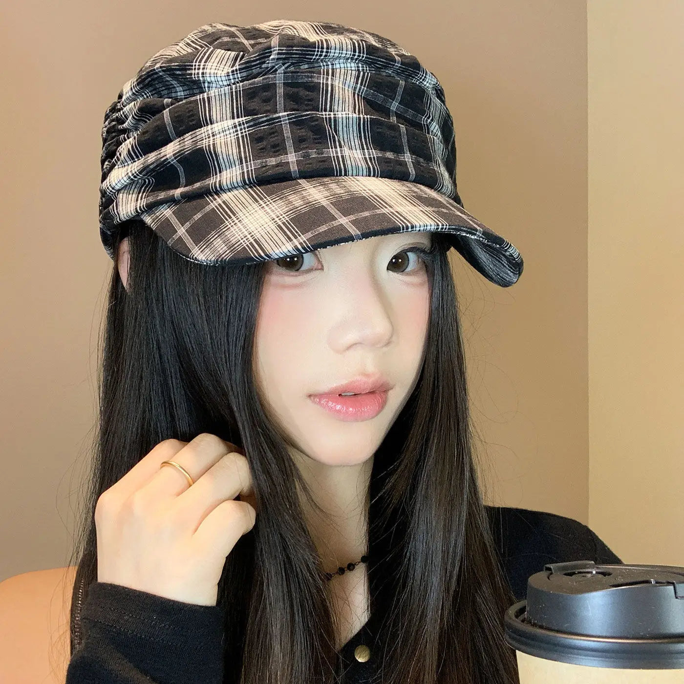 Vintage Checkered Pleated Cap Women's