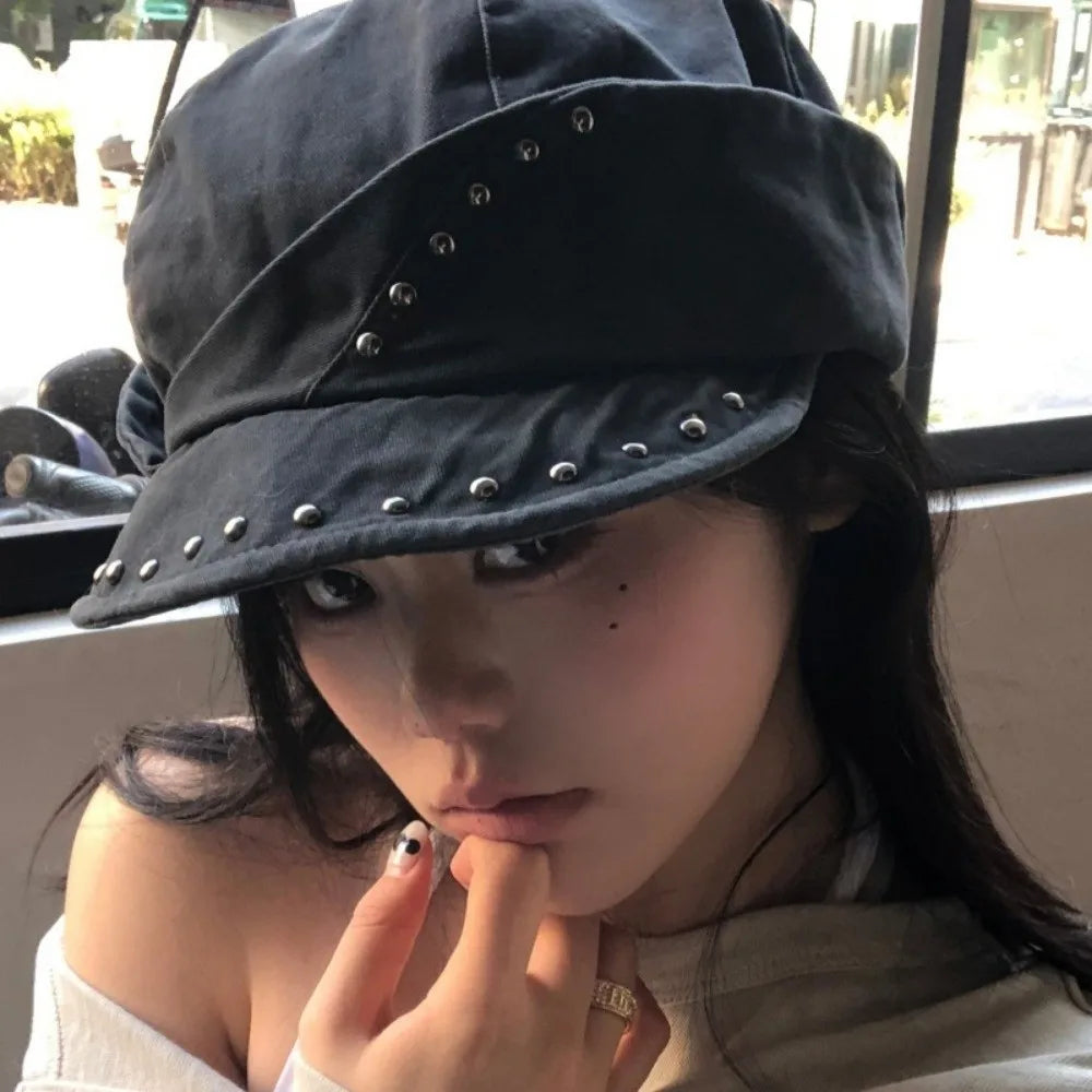 New Gothic Studded Beret Cap Solid Color Black Rivet Trim Beret