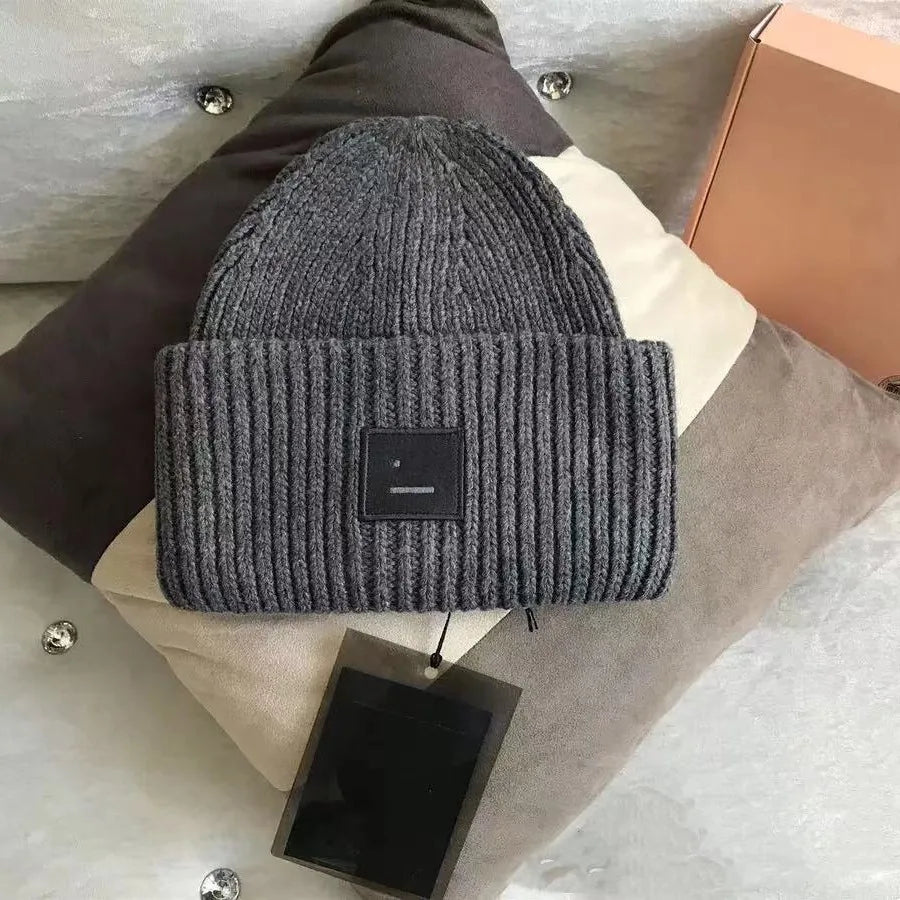 Warm And Cozy Knitted Beanie With Square Labels - Scandinavian Style Wool