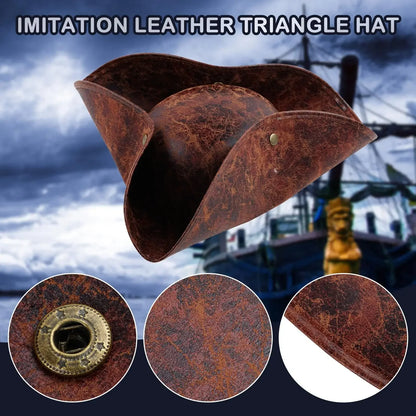 Faux Leather Pirate Hat Brown Captain Hat Vintage Button Masquerade Party Cosplay
