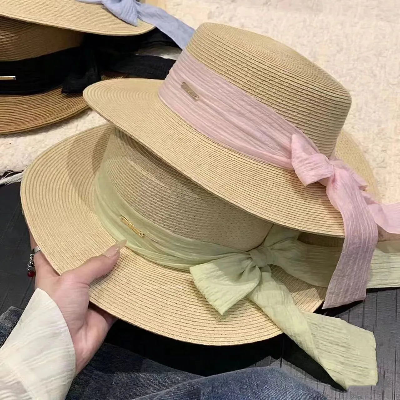 Bow Ribbon Flat Top Straw Hat For Women Summer Woven Straw Sun Hat