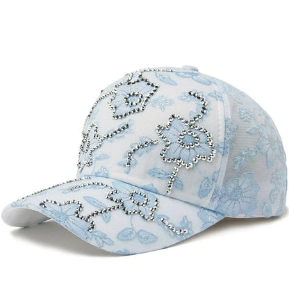 Women Baseball Cap Flower Print Rhinestone Lace