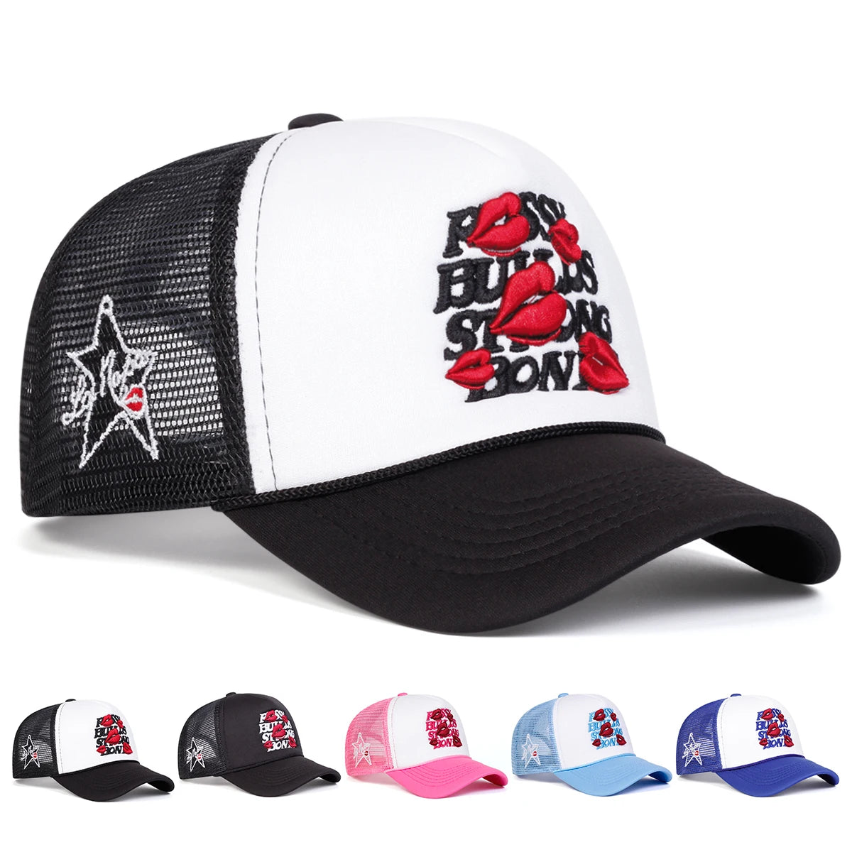 Unisex Letter Lips Embroidery Side Pentagram Baseball Net Caps Spring and Summer