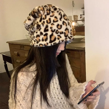 New Trendy Leopard Print Retro Y2K Plush Pullover Hat