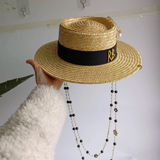 Chain Summer Straw Hat Pork Pie Hat