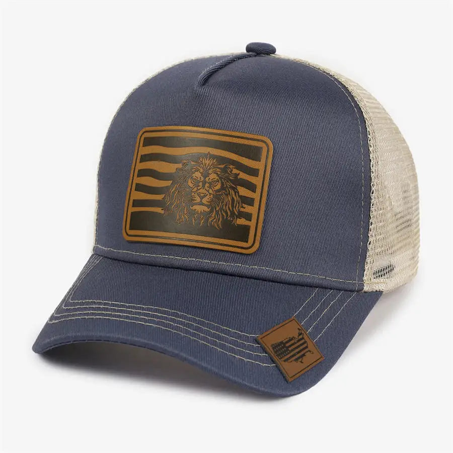 New Leather Label Lion Mesh Cap Men's Trucker Hat