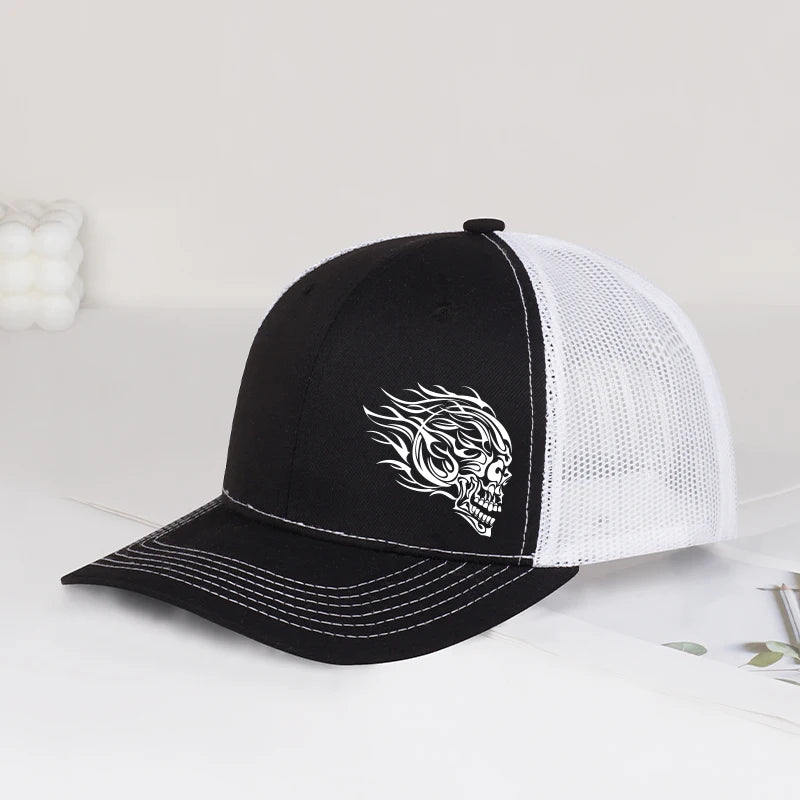 Flame Skull Print Trucker Cap Breathable Mesh Adjustable Cool & Bold Rocker Style Fashion Unisex Outdoor