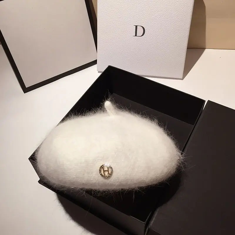 Women Beret Hats Angora Rabbit Fur Winter Warm Knitted Cap