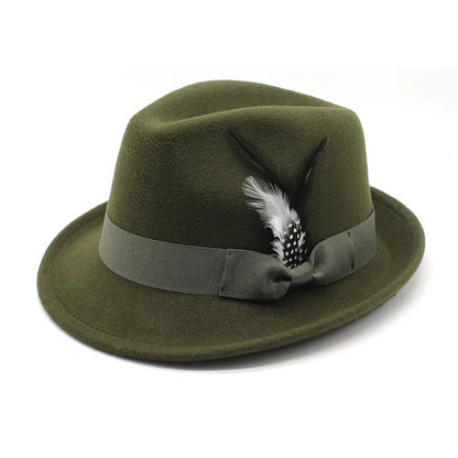 Men's Fedora Hat Felt Feather Decor Western Style Soft Brim Gentleman