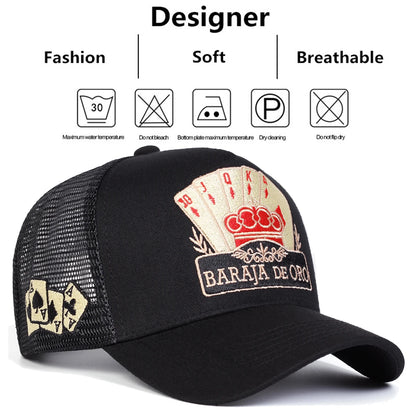 Unisex BARAJA DE ORO Poker Embroidery Baseball Net Caps Outdoor Adjustable Casual Hats Sunscreen Hat